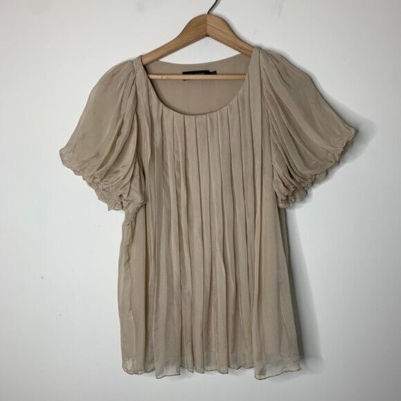 Miss Me MM Couture Silk Blouse Pleated Short Sleeve Taupe Beige Size Small - Picture 4 of 10
